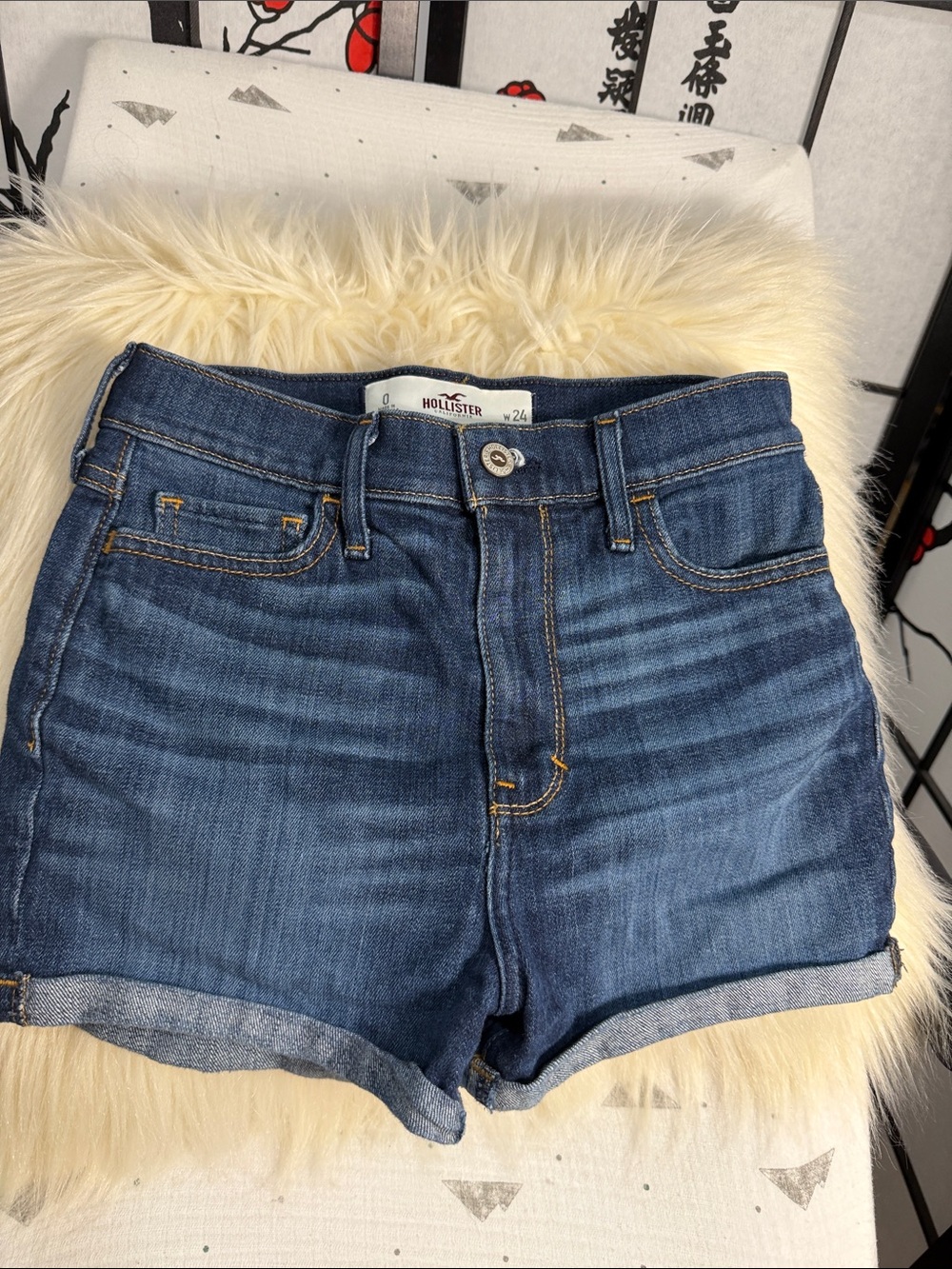 Hollister Mid-Rise Dark Blue Denim Roll-Hem Shorts